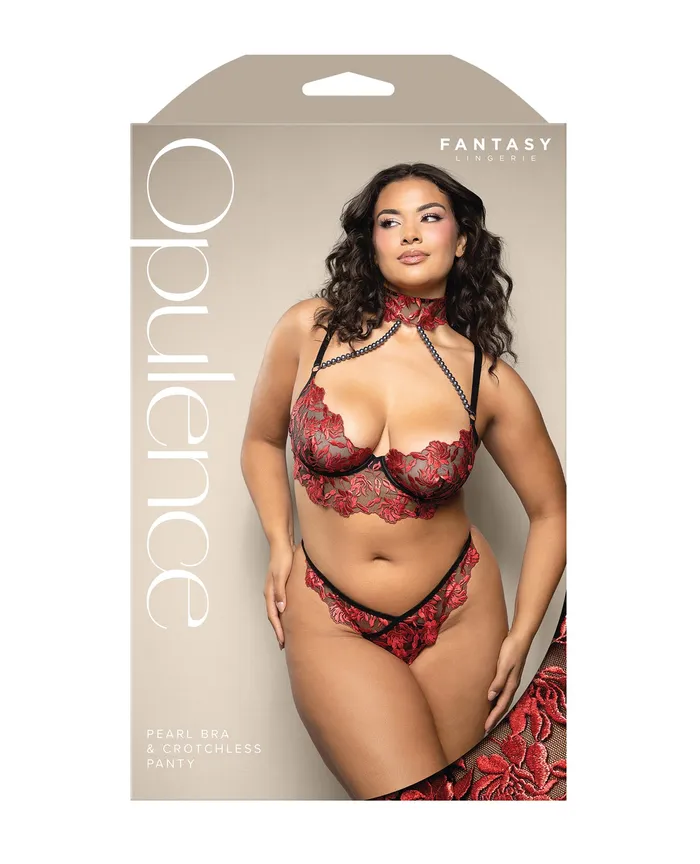 Anal Fantasy Lingerie Opulence Embroidered Underwire Bralette Crotchless Panty wPearl Details 2 pc Set Red QN Anal Fantasy Lingerie Opulence Embroidered Underwire Bralette Crotchless Panty wPearl Details 2 pc Set Red QN