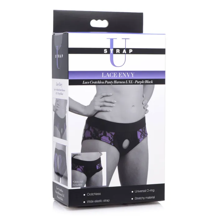 Xr Brands Strap U Vibrators Lace Envy Crotchless Panty Harness S M Black and Purple Xr Brands Strap U Vibrators Lace Envy Crotchless Panty Harness S M Black and Purple