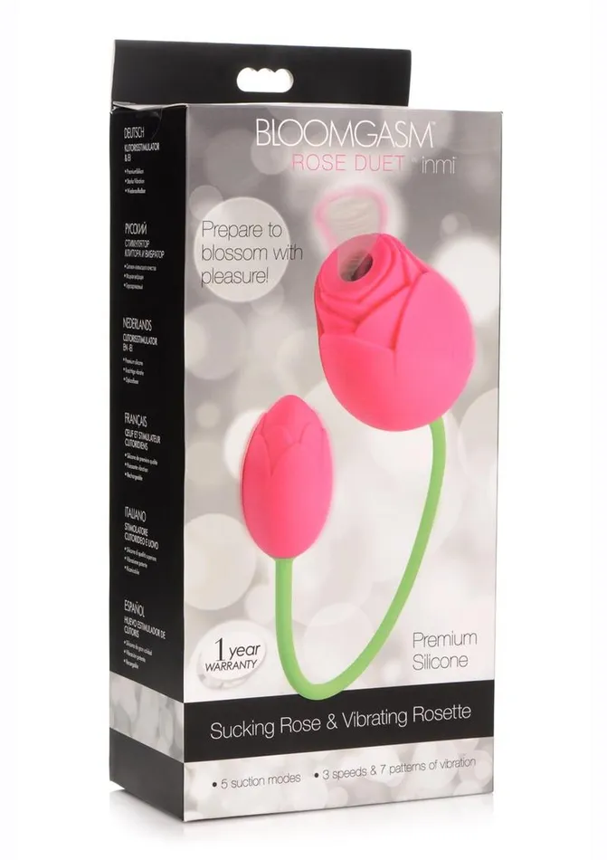 Male Sex Toys Bloomgasm Inmi Bloomgasm Rose Duet 15x Silicone Rechargeable Vibrating and Sucking Clit Stimulator